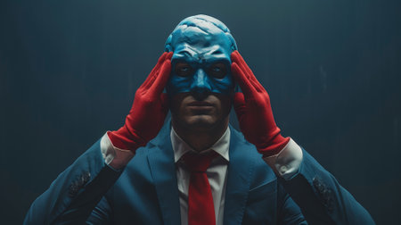 Confident businessman in superhero attire strikes a powerful and resolute poseの素材