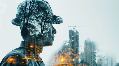 Creative double exposure portrait merging a man with city skylineの素材