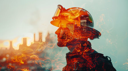 Double exposure image of a fireman from the back with a glowing helmet and cityscapeの素材