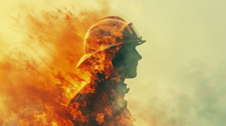 Firefighter silhouette with flames and smoke, seen from the rear viewの素材