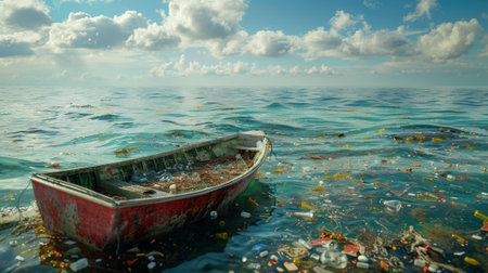 Lone boat floats amidst a sea of plastic waste, highlighting the severe pollution problemの素材