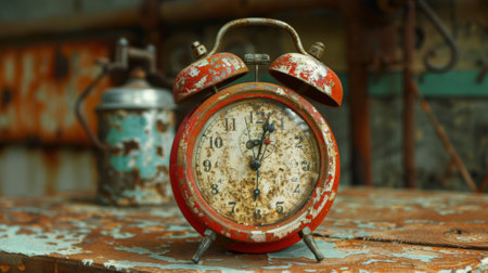 Vintage alarm clock with worn red paint, placed against an industrial backgroundの素材