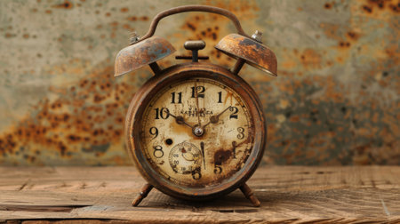 Oldfashioned alarm clock with a rustic patina stands on a wooden tabletop, evoking nostalgiaの素材