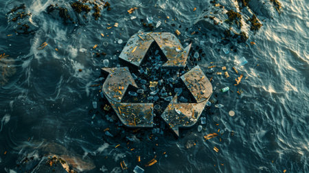 Recycling symbol surrounded by discarded plastic on a polluted shore, conveying environmental threatの素材
