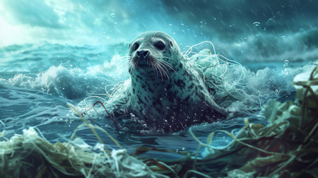 Poignant image of a seal entangled in plastic debris amidst turbulent ocean wavesの素材