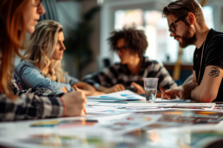 Focused colleagues discussing ideas over papers in a welllit work environmentの素材