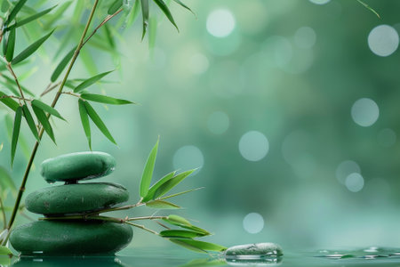 Serenity in nature, bamboo leaves and balanced stones on reflective water with a soft bokeh backgroundの素材