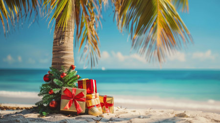Palm tree with holiday decorations on a sunny beach, surrounded by festive gift boxesの素材