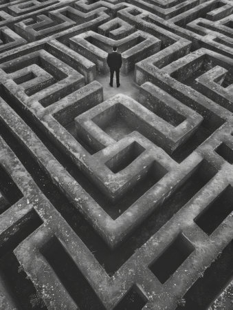 Alone figure stands in the heart of a sprawling, complex labyrinth, highlighting depth and sizeの素材