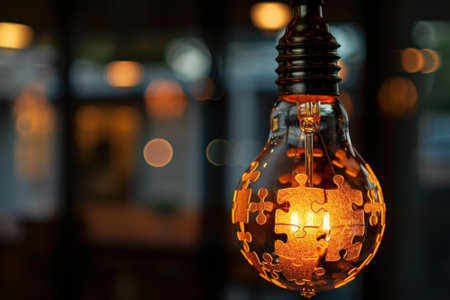Closeup of a glass lightbulb with a puzzle pattern glowing warmlyの素材