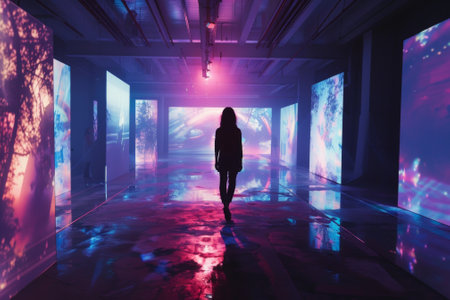 Person strolls through a dynamic digital art exhibition adorned with abstract visualsの素材