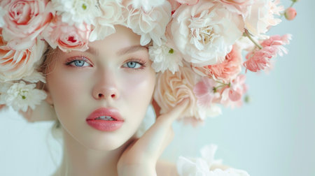 Closeup of a woman wearing a stunning flower crown, radiating with natural beautyの素材