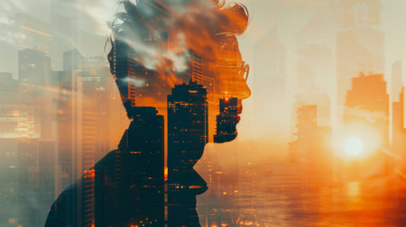 Artistic double exposure of a businessperson and cityscape symbolizing vision and growthの素材