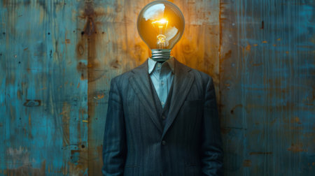 Innovative concept with a businessman depicted as a glowing lightbulb, representing creativityの素材