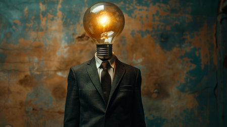 Creative representation of a businessman with a glowing light bulb for a head, symbolizing bright ideas and innovationの素材