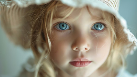 Closeup portrait of a child with striking blue eyes wearing a vintage hat, conveying purity and wonderの素材