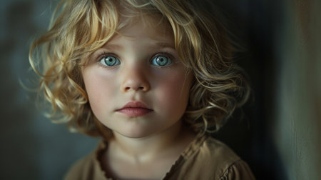 Closeup photo of a young child with beautiful blue eyes and curly hairの素材