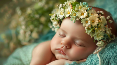 Tranquil slumbering infant adorned with a dainty crown of blossomsの素材
