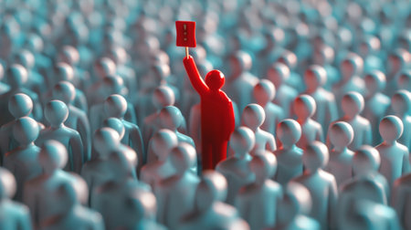 One red figure raising a sign stands out in a sea of identical blue figuresの素材