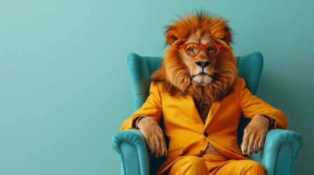 Confident lion in stylish yellow suit, sitting on an armchair like a bossの素材