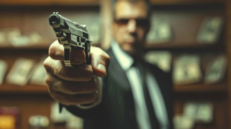 Blurred figure of a man in suit aiming a gun symbolizes power abuse and corruptionの素材