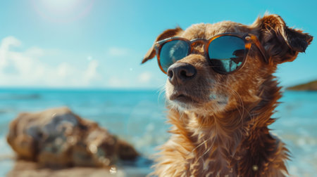 Chill out with this dog in sunglasses enjoying a sunny day by the seasideの素材