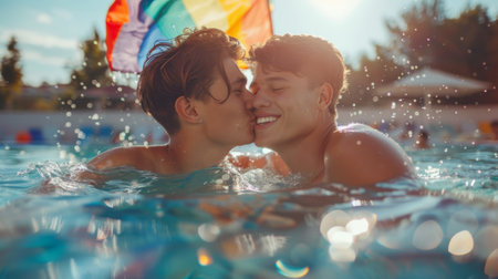 Samesex couple shares a tender moment, lounging in a sunlit pool with a rainbow flag in the backgroundの素材