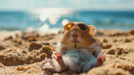 Cute hamster lounges on a sandy beach with stylish sunglasses, soaking up the sunの素材