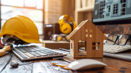 Desk with a small wooden house model, construction helmet, and renovation plans on a computer screenの素材