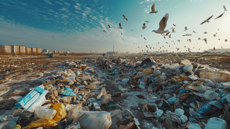 Wideshot of a landfill site overrun with garbage and birds under a clear skyの素材