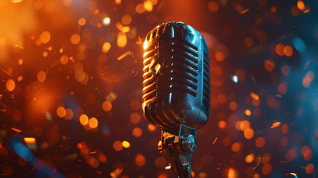 Classic microphone with vibrant bokeh lights and dynamic stage atmosphereの素材