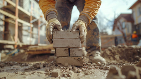 Bricklayers hands installing bricks in closeup during constructionの素材