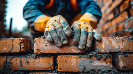 Closeup of a bricklayers skilled hands meticulously placing bricks with precision and artistryの素材