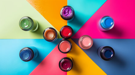 Dynamic collage showcasing a set of colorful nail polish bottles on a vivid multicolored backdropの素材
