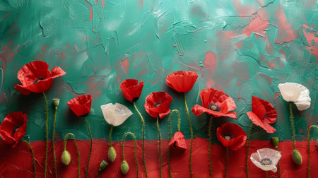 Vivid display of red and white poppy flowers against a green and red textured backdropの素材