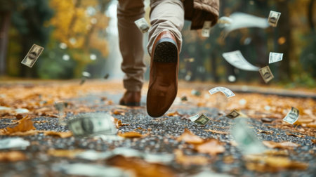 Closeup of a persons feet running with cash flying behind on a leafstrewn pathの素材