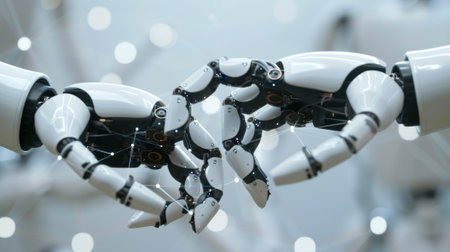 Digital illustration of two robotic hands reaching out to connect, symbolizing technology and innovationの素材