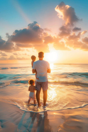 Man holds a child while standing next to another on a beach at sunsetの素材