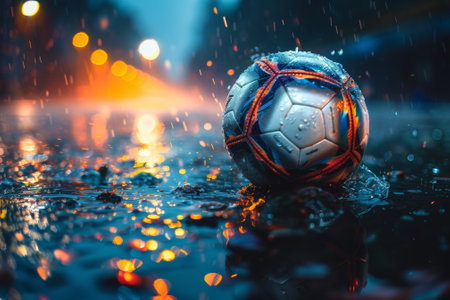 Soccer ball closeup on wet surface with dusk street lights reflectionの素材