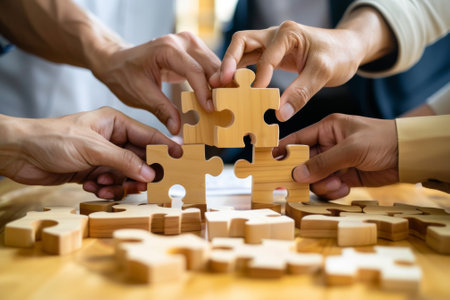 Closeup of hands assembling jigsaw puzzle pieces together on a tableの素材