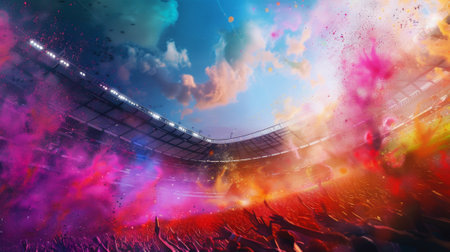 Energetic soccer stadium with vibrant colors capturing the celebratory atmosphere of fansの素材