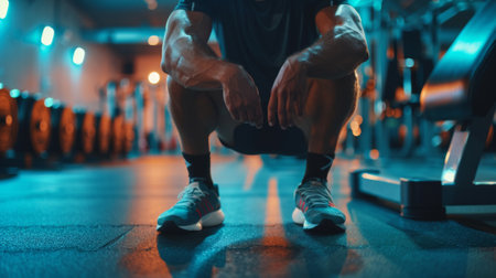 Man grasping his knee in pain during a workout in a gym setting, highlighting sports injuryの素材