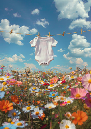 A white baby onesie hangs on a string with a vibrant wildflower field and blue sky in the backgroundの素材
