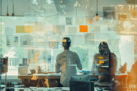 Professionals brainstorming with sticky notes on glass wall in a bright office settingの素材