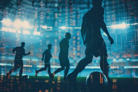 Silhouettes of soccer players with digital betting overlay on a stadium backgroundの素材