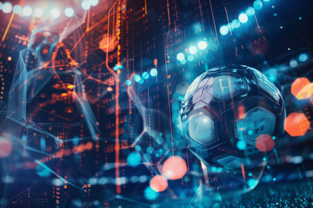Digital interface on soccer ball symbolizing sports technology and online bettingの素材