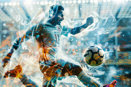 Dynamic soccer player in action, with striking visuals during a matchの素材