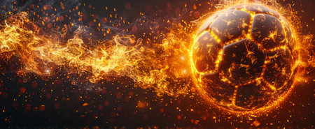 Soccer ball engulfed in realistic flames against a dark background, symbolizing power and energyの素材