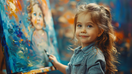 Talented young artist with a paintbrush creating a masterpiece on her colorful canvasの素材