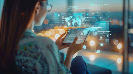 Young woman uses a futuristic tablet interface to book a flight at nightの素材